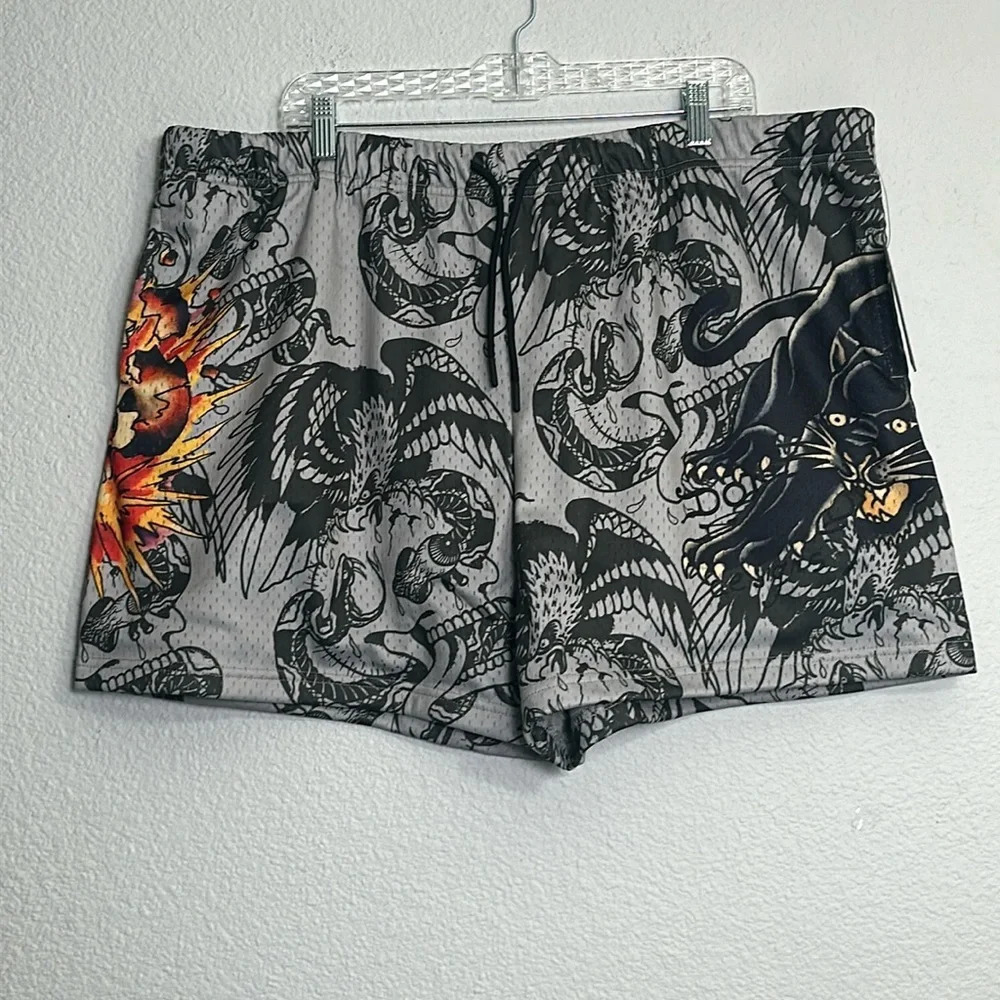 Ed Hardy NWT Skull Panther‎ Mens Mesh Short Size XXL Y2K Vibes Punk